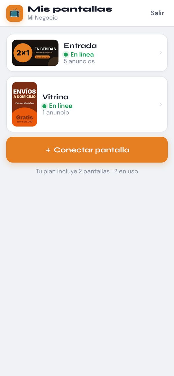 Panel en el celular: lista de pantallas del negocio, cada una en línea