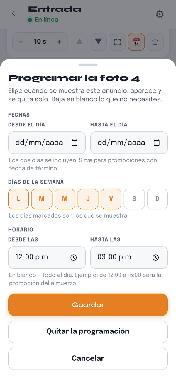 Panel en el celular: programar un anuncio por fechas, días y horario